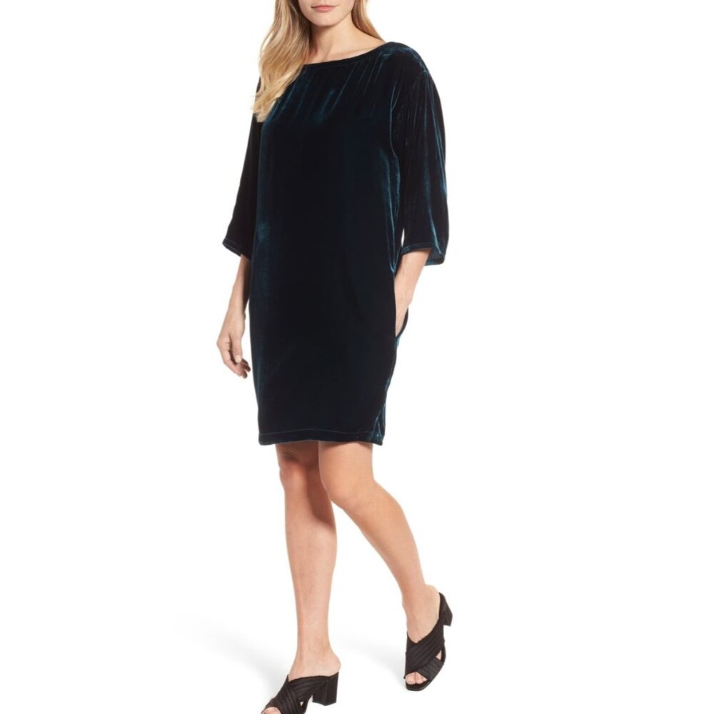 Eileen Fisher Silky Velvet Deep Green Shift Dress, small